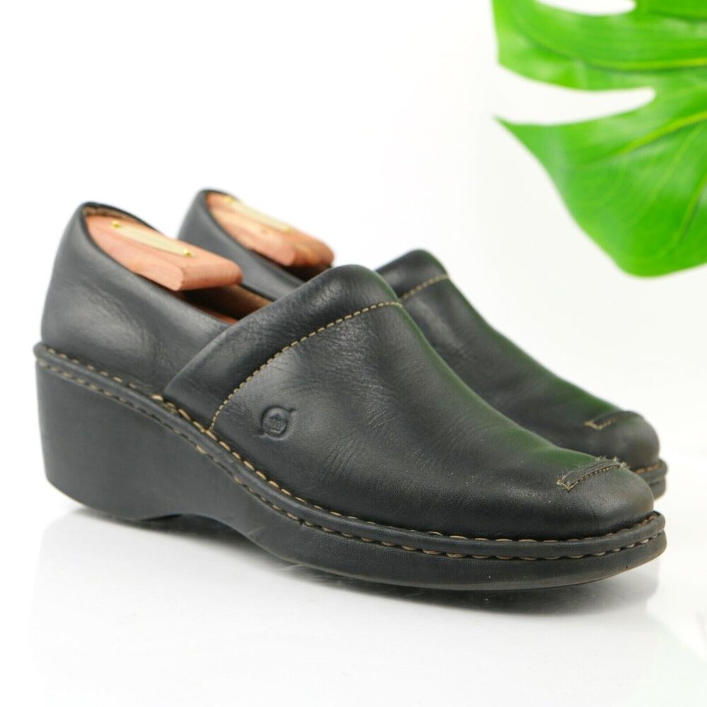 Born Womens Clog Size 9 Black‎ Leather Wedge Heel Slip On Shoe Shootie Loafer
